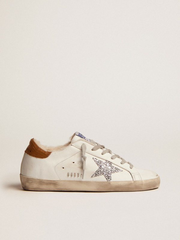 Sup-S sneakers with shearling lining, silver glitter star and lizard-print dove-gray leather heel tab