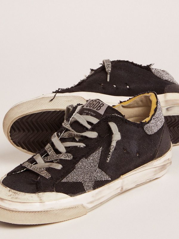 Sup-S Penstar LAB sneakers in black distressed canvas with crystal star and heel tab - Afbeelding 4