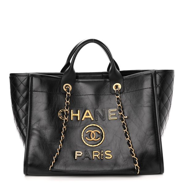 cc Calfskin Charms Medium Deauville Tote Black