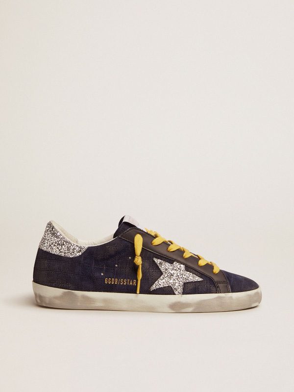 Sup-S sneakers in dark blue suede with checkered pattern and silver glitter details