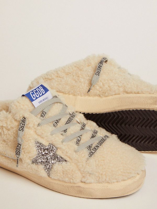 Sup-S Sabots in natural white shearling with silver glitter star - Image 4