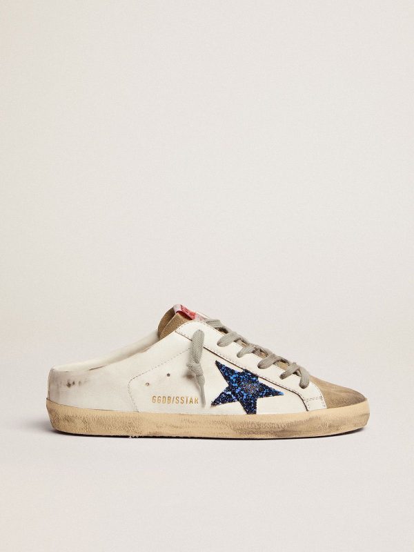 Sup-S Sabots in white leather with blue glitter star and dove-gray suede tongue