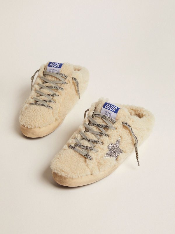 Sup-S Sabots in natural white shearling with silver glitter star - Image 2