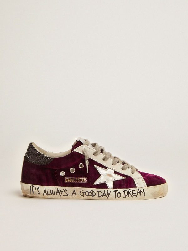 Sup-S sneakers in raspberry-red velvet and black glitter heel tab