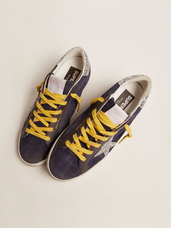 Sup-S sneakers in dark blue suede with checkered pattern and silver glitter details - Image 2