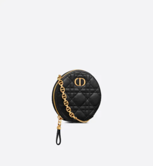 D CARO ROUND POUCH WITH CHAIN Black Supple Cannage Calfskin