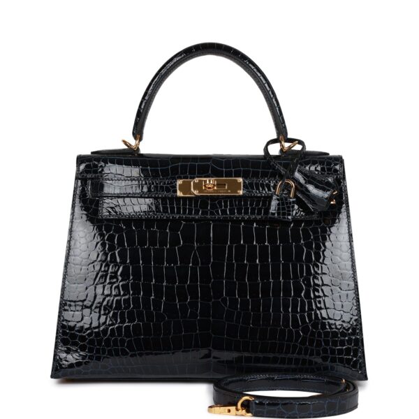 H Kelly Sellier 28 Bleu Baltique Shiny Porosus Crocodile Gold Hardware
