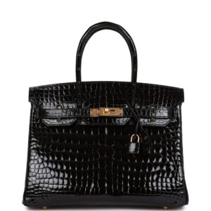H Birkin 30 Black Shiny Niloticus Crocodile Gold Hardware