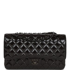 CC Medium Classic Double Flap Bag SO Black Crumpled Calfskin Black Hardware