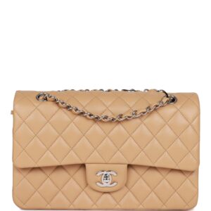 CC Medium Classic Double Flap Bag Beige Lambskin Silver Hardware