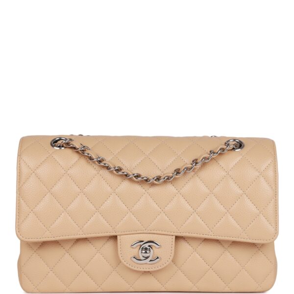 CC Medium Classic Double Flap Bag Beige Caviar Silver Hardware